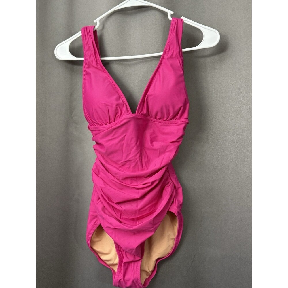 J. Crew Ruched V-neck One Piece Swimsuit Size 4 Radiant Fuchsia NEW - Picture 3 of 7